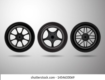 Set. Wheel icon on gray gradient background. Tire on black wheels. Vector image for your design.