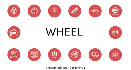 Set of wheel icons such as Rgb, Boat porthole, Process, Saw, Bicycle, Round up ride, Auto, Online gambling, Ferris wheel, Water park, Jeep, Helm, Garage, Gear , wheel