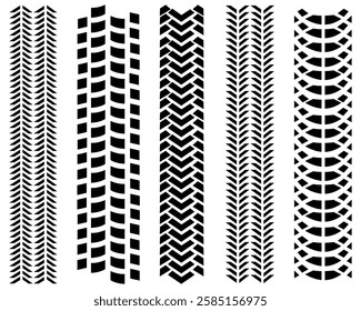Set of wheel tire trace track icon. Tire treads, silhouette of tread marks for cars and vehicles. Motorbike, motorcycle, vehicle track speed racing. Sport, road or highway. Vector illustration.