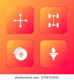Set Radschlüssel, Chassis Auto, Auto Bremsscheibe mit Bremssattel und Trichter und Öl-Drop-Symbol. Vektorgrafik