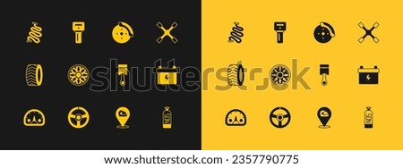 Set Wheel wrench, Racing steering wheel, Engine piston, helmet, Alloy for car, Car brake disk with caliper, track and key remote icon. Vector
