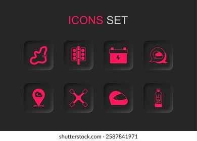 Set Wheel wrench, Racing traffic light, track, helmet, Nitrous oxide, Car battery and  icon. Vector