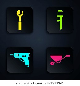 Set Wheelbarrow, Adjustable wrench, Electric hot glue gun and Calliper or caliper and scale. Black square button. Vector