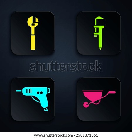 Set Wheelbarrow, Adjustable wrench, Electric hot glue gun and Calliper or caliper and scale. Black square button. Vector