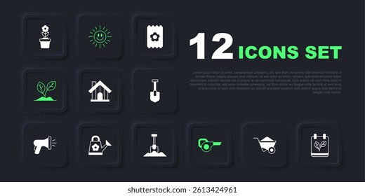 Set Wheelbarrow, Calendar with autumn leaves, Farm house, Leaf garden blower, Sprout, Watering can, Sun and Shovel icon. Vector