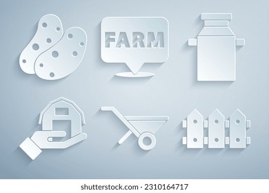 Set Wheelbarrow, Can container for milk, Farm house hand, Garden fence wooden, Location farm and Potato icon. Vector