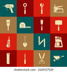 Set Wheelbarrow, Cement bag, Sledgehammer, Adjustable wrench, Roulette construction, Paint brush, Electric drill machine and Putty knife icon. Vector