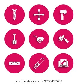 Set Wheelbarrow, Chainsaw, Laptop service, Hammer, Construction bubble level, Shovel, Wooden axe and Metallic screw icon. Vector