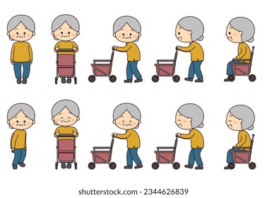 Set of wheelbarrow and cute grandmother