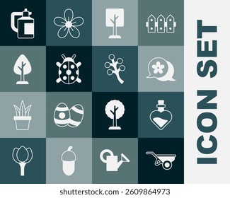 Set Wheelbarrow with dirt, Bottle love potion, Flower, Forest, Ladybug, Garden sprayer for fertilizer and Blossom tree branch icon. Vector