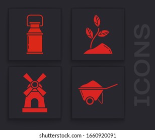 Set Wheelbarrow with dirt, Can container for milk, Sprout and Windmill icon. Vector