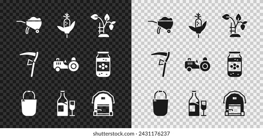 Set Wheelbarrow with dirt, Corn, Strawberry bush, Bucket, Wine bottle glass, Farm house, Scythe and Tractor icon. Vector