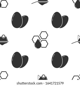 Set Wheelbarrow with dirt, Honeycomb and Chicken egg on seamless pattern. Vector