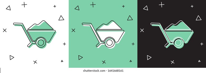 Set Wheelbarrow with dirt icon isolated on white and green, black background. Tool equipment. Agriculture cart wheel farm.  Vector Illustration