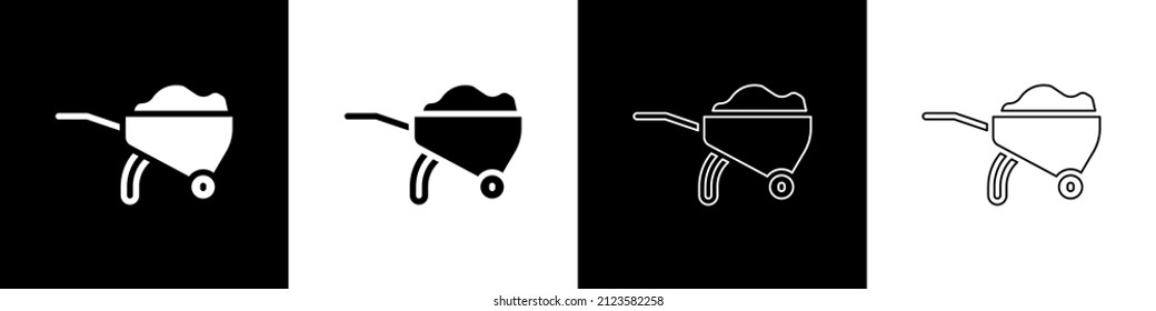 Coloque la flecha de rueda con el icono de suciedad aislado en el fondo blanco y negro. Equipo de herramientas. Granja de ruedas de carrito agrícola.  Vector