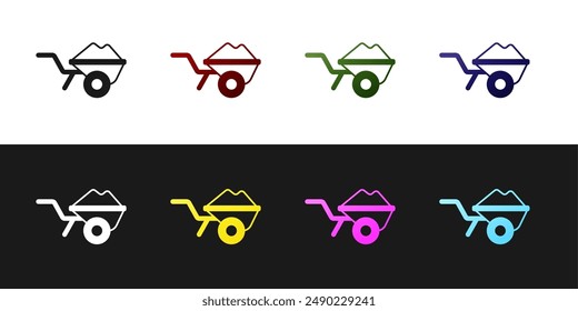 Set Carretilla con icono de tierra aislado sobre fondo blanco y negro. Equipo de herramientas. Agricultura granja de ruedas de Carrito.  Vector