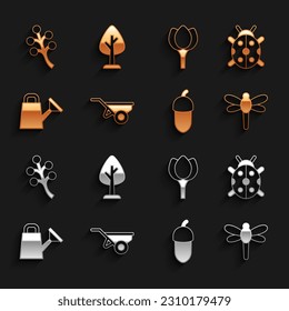 Set Wheelbarrow with dirt, Ladybug, Dragonfly, Acorn, Watering can, Flower tulip, Blossom tree branch and Forest icon. Vector