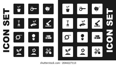 Set Wheelbarrow with dirt, Plant in hand of environmental, Garden rake, pot, Wooden axe, Leaf garden blower, logs and hose or fire hose icon. Vector