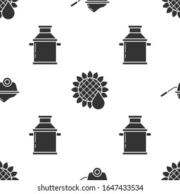 Set Wheelbarrow with dirt, Sunflower and Can container for milk on seamless pattern. Vector