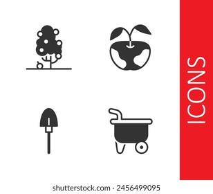Set Wheelbarrow, árbol de la fruta, pala e icono de manzana. Vector