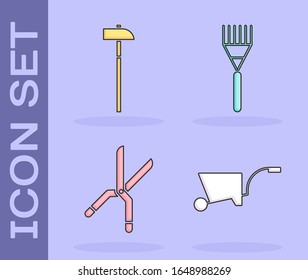 Set Wheelbarrow, Hammer, Gardening handmade scissors and Garden rake icon. Vector