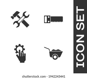Set Wheelbarrow, Hammer and wrench, Settings in the hand and Hand saw icon. Vector