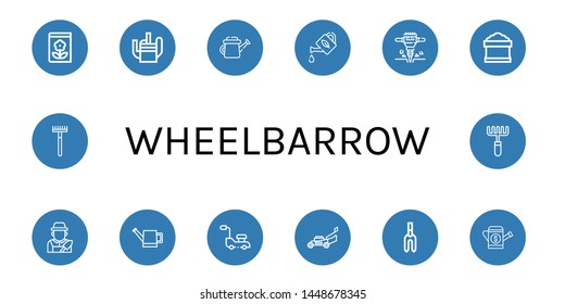 Set of wheelbarrow icons such as Gardening, Watering can, Jackhammer, Potting soil, Gardener, Lawn mower, Weeder, Rake , wheelbarrow