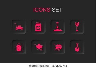 Set Wheelbarrow, Pack full of seeds, Lawn mower, Garden pitchfork, Shovel,  and Colorado beetle icon. Vector