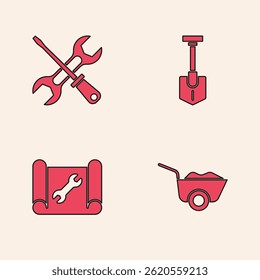Set Wheelbarrow, Screwdriver and wrench, Shovel and Graphing paper icon. Vector