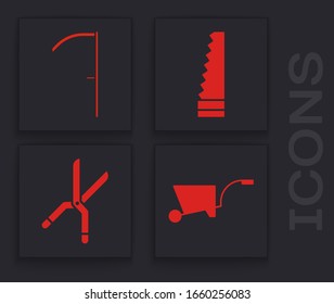 Set Wheelbarrow, Scythe, Garden saw and Gardening handmade scissors icon. Vector