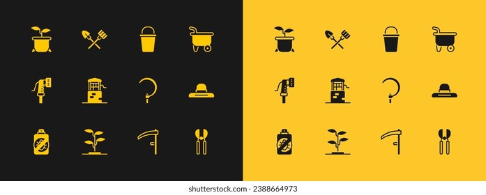 Set Wheelbarrow, Sprout, Sickle, Scythe, Well, Bucket, Plant in pot and Shovel and rake icon. Vector