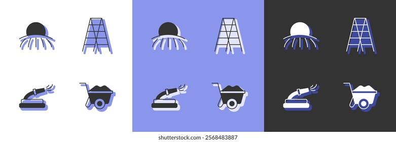 Set Wheelbarrow, Sunrise, Garden hose and Wooden staircase icon. Vector