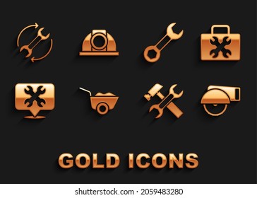 Set Wheelbarrow, Toolbox, Electric circular saw, Hammer and wrench, Location with, Wrench spanner, arrows as workflow and Worker safety helmet icon. Vector
