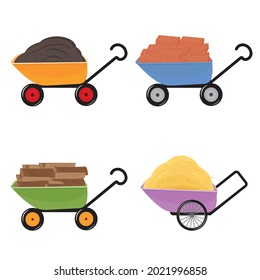 Set of Wheelbarrow with various materials brick, hay, firewood and earth, vector isolated illustration