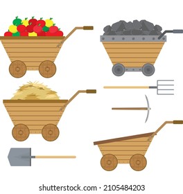 A set of wheelbarrows for transporting material. Household car. Garden cart. Coal cart. Garden tools.