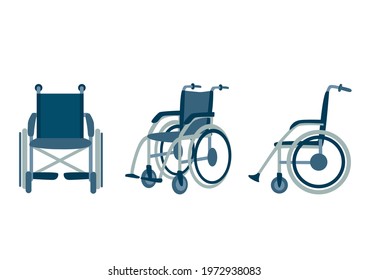 A set of wheelchair from different angles. Medical equipment. Vehicle in case of injury or disability. Vecton set in a flat style on a white background.