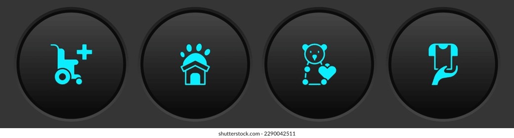 Set Wheelchair for disabled person, Animal shelter house, Donate child toys and Clothes donation icon. Vector