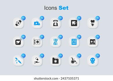 Set Wheelchair for disabled person, Emergency - Star of Life, Ambulance car, Pipette, Skull, Clinical record laptop, Smart watch with heart and DNA symbol icon. Vector