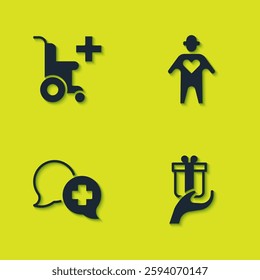 Set Wheelchair for disabled person, Give gift, Dialogue with doctor and Volunteer icon. Vector