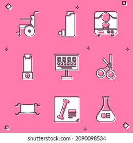 Set Wheelchair For Disabled Person, Inhaler, X-ray Machine, Eye Test Chart, Medical Scissors, Protective Mask And Shots Icon. Vector