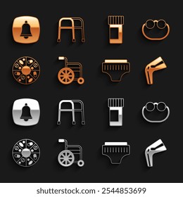 Set Wheelchair, Eyeglasses, Bone pain, Adult diaper, Vitamin pill, Medicine bottle and pills, Emergency phone call and Walker icon. Vector