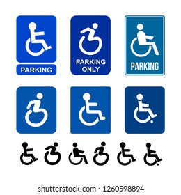 Set of wheelchair, handicap or accessible parking or access sign flat blue icon for apps and print. Vector illustration. Isolated on white background.