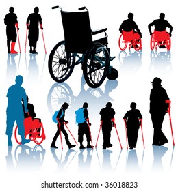 A set of wheelchair and handicapped people silhouettes