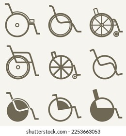 A set of wheelchair icons: 9 vector isolated illustrations on the neutral background. Can be used as design elements at the facilities for people with special needs or to indicate the accessibility.
