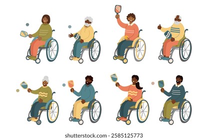 Set of wheelchair pickleball players isolated on white background. Concept of sport, team, active lifestyle, inclusive sports and adaptive recreation. Vector flat cliparts.