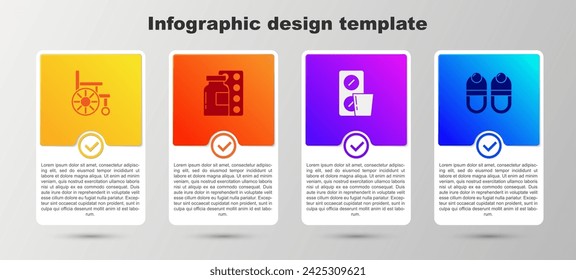 Set Silla de ruedas, pastillas en blíster y zapatillas. Plantilla de infografía de negocios. Vector