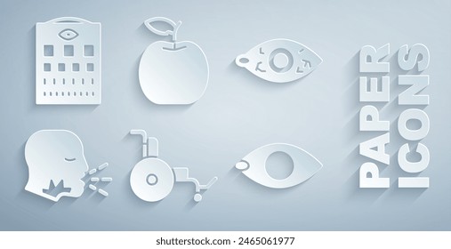 Set Silla de ruedas, ojo rojizo, hombre tosiendo, ceguera, manzana y el icono de la tabla de prueba de ojos. Vector