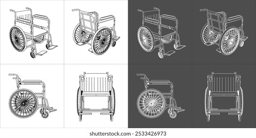 set wheelchair vector from side, back and front view. for people with disabilities .technical line drawing blueprint on transparent background