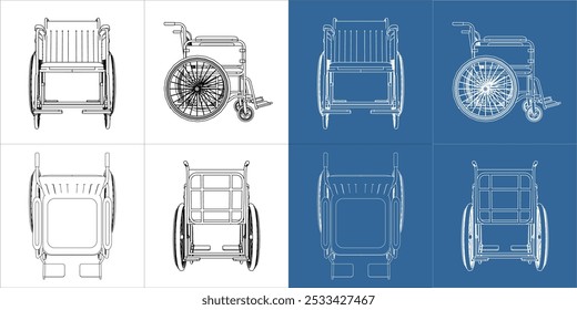  Set wheelchair vector from top, side, back and front view. for people with disabilities technical line drawing blueprint on transparent background