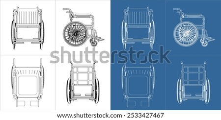  Set wheelchair vector from top, side, back and front view. for people with disabilities technical line drawing blueprint on transparent background